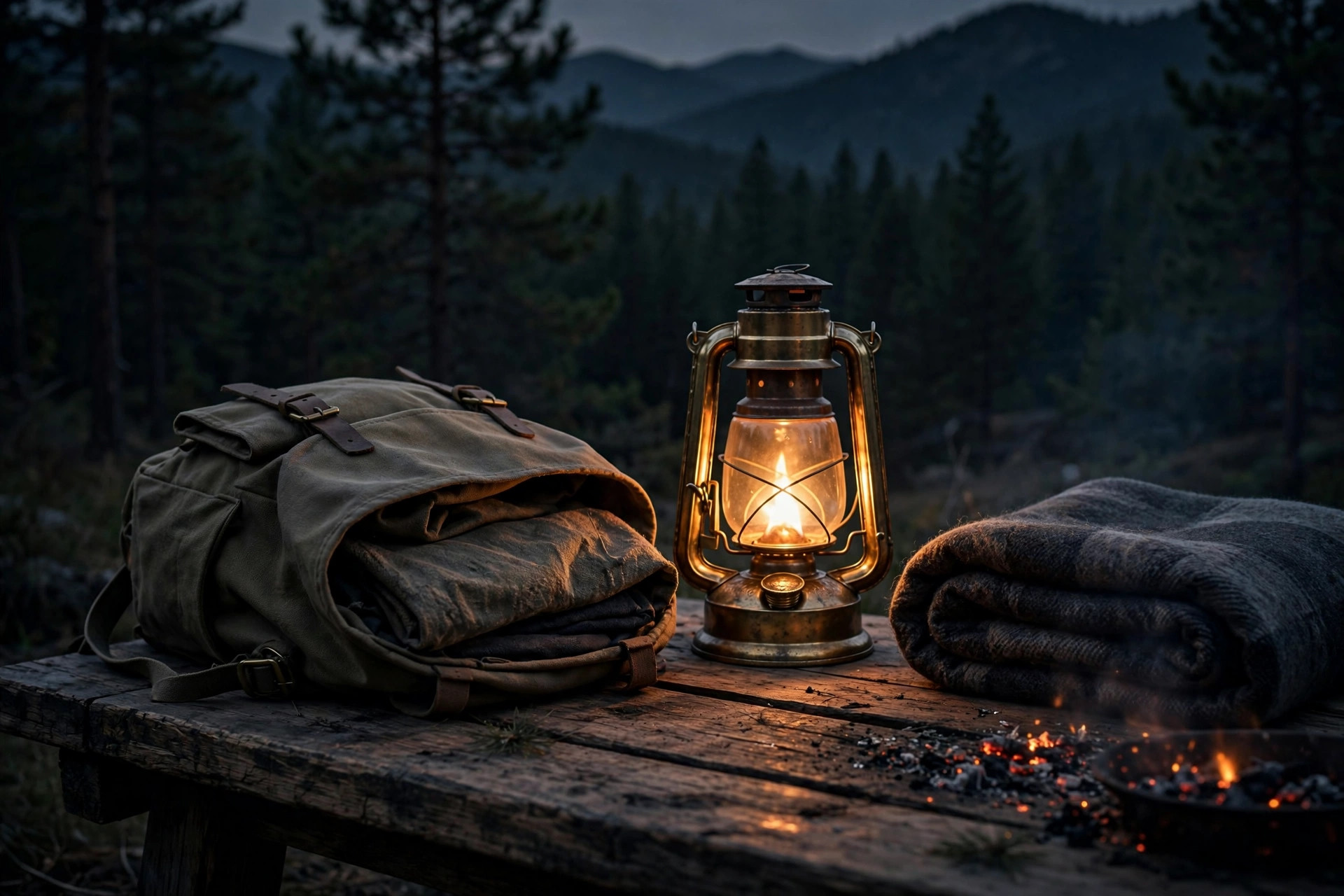 A lantern and emergency backpack at dusk — be ready